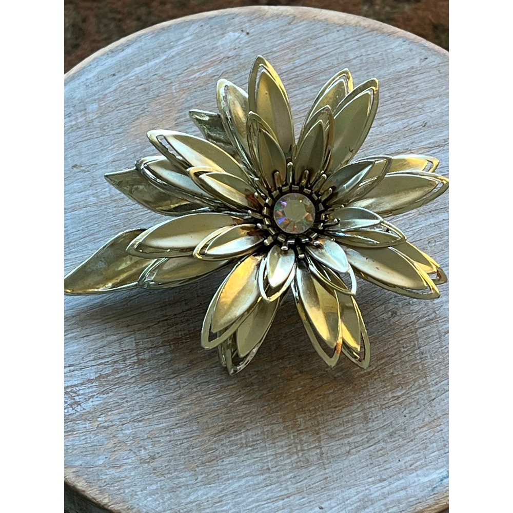 Gold Tone Layered Flower Brooch Aurora Borealis Rhinestone Floral Pin
